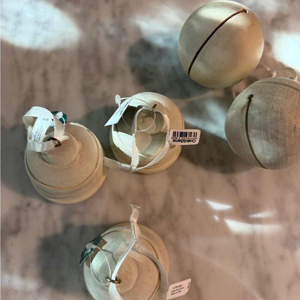 Crate&Barrel White Wood Jingle Bell Christmas Tree Ornament Set of 5